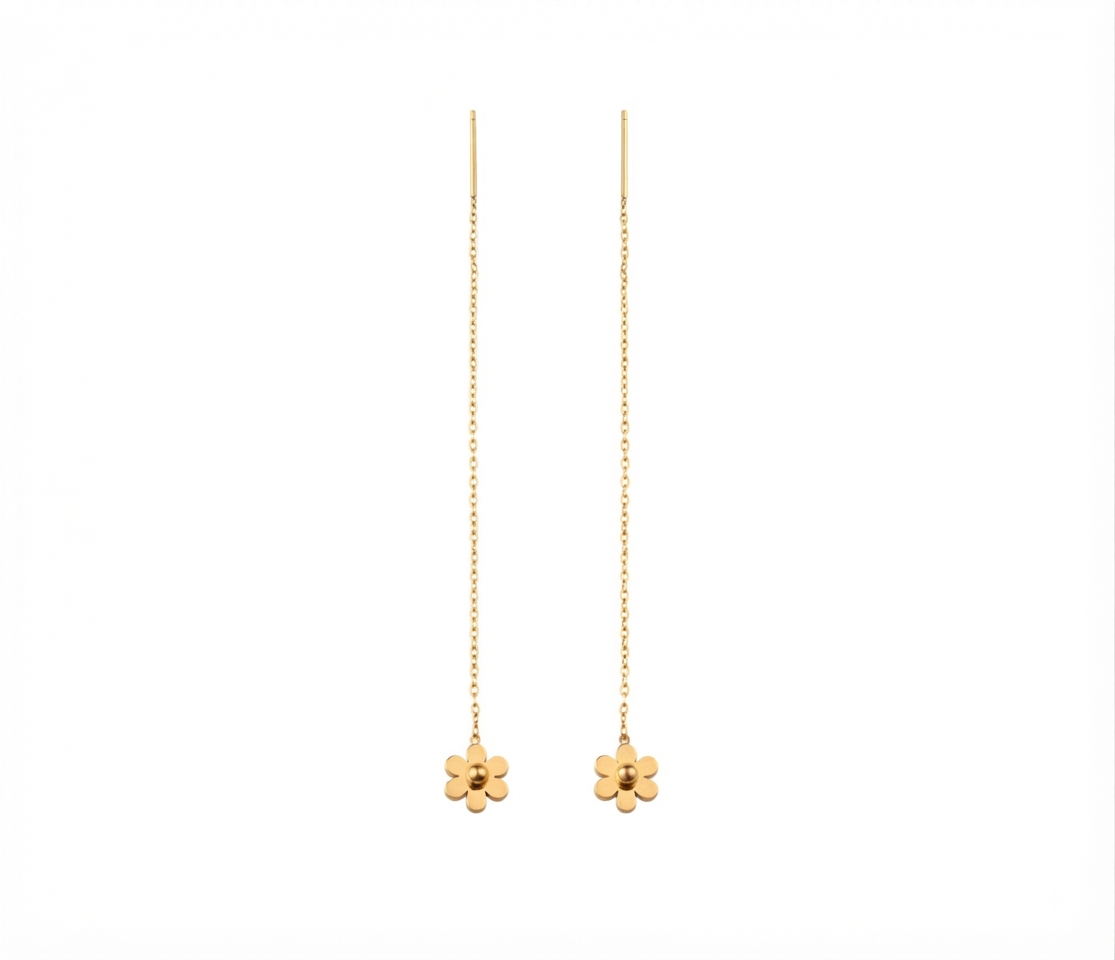 Baño de oro 18K.70 Aretes largos de florecitas de baño de oro