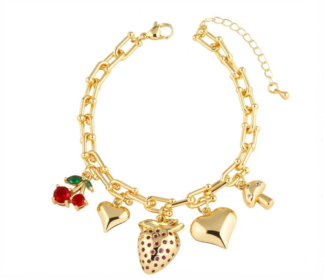 Baño de oro 18K.121 Pulsera de cereza y fresa baño de oro