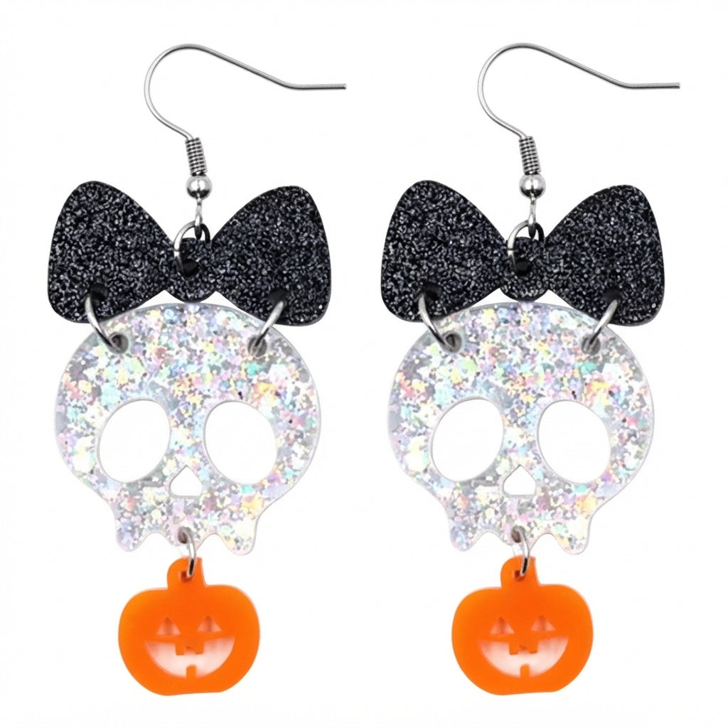 Acrílico HALL.6 Aretes de calavera con moña y calabaza