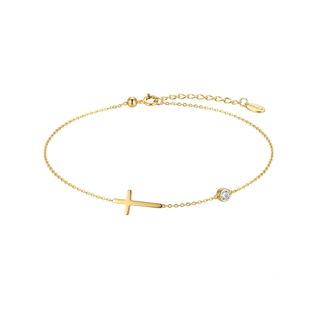 Baño de oro 18K.234 Tobillera cruz y diamante