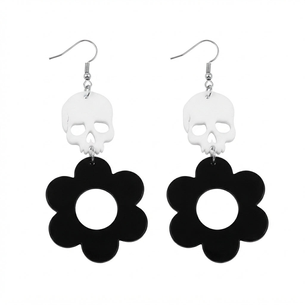 Acrílico HALL.21 Aretes de flor negra y skeleton