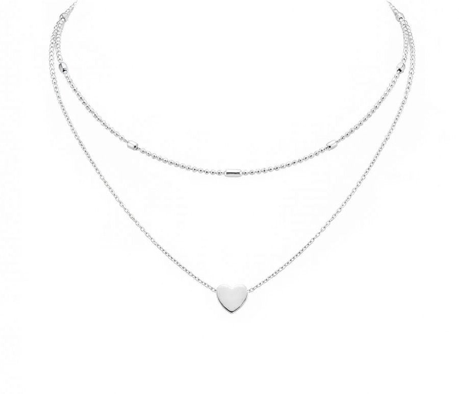 Fantasía fina CO.39 Collar doble de corazón plateado