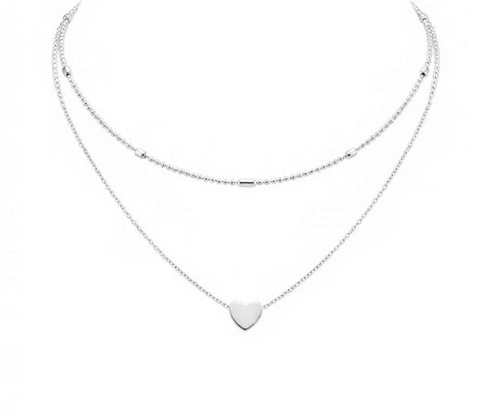 Fantasía fina CO.39 Collar doble de corazón plateado