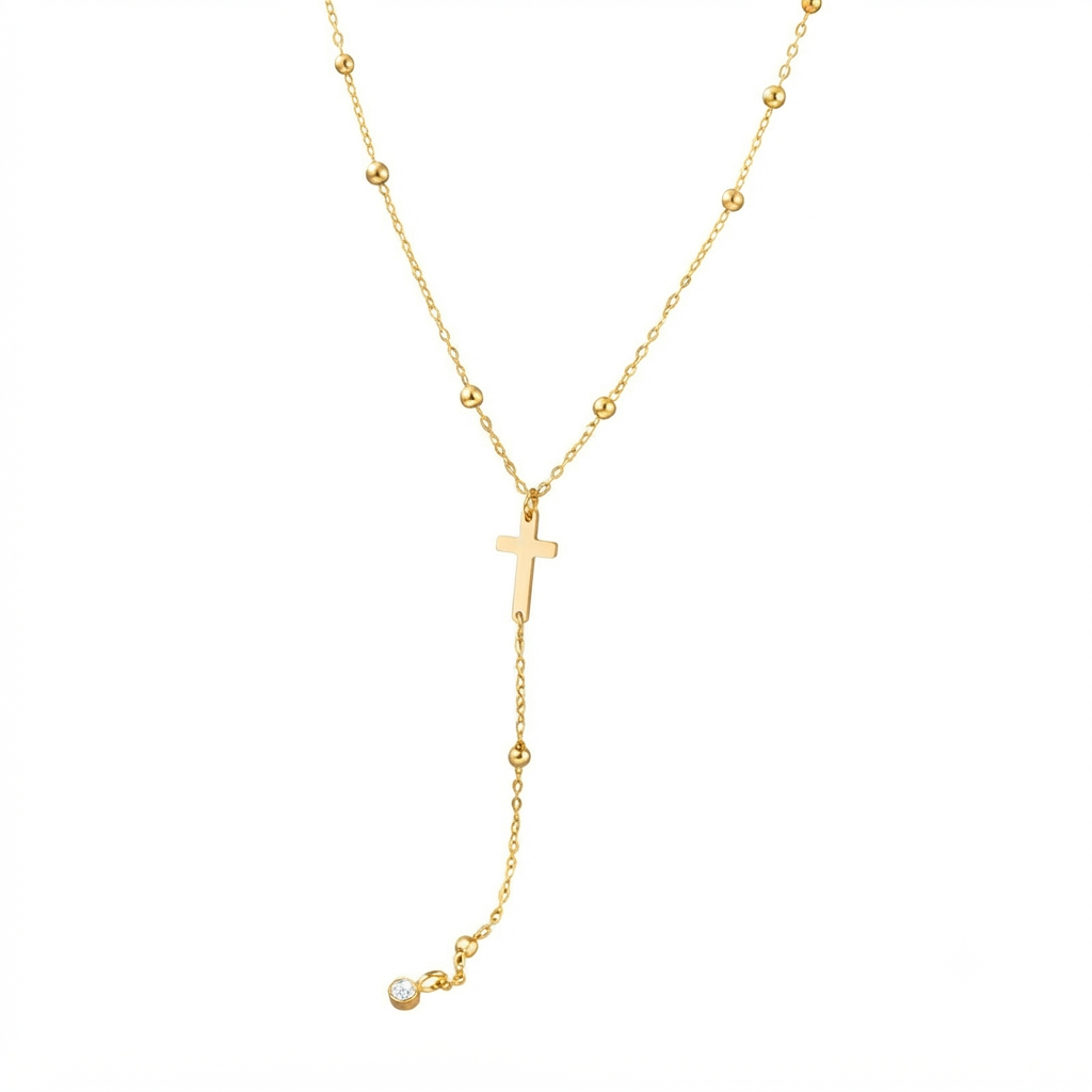Baño de oro 18k.268 Collar de cruz con perlitas doradas