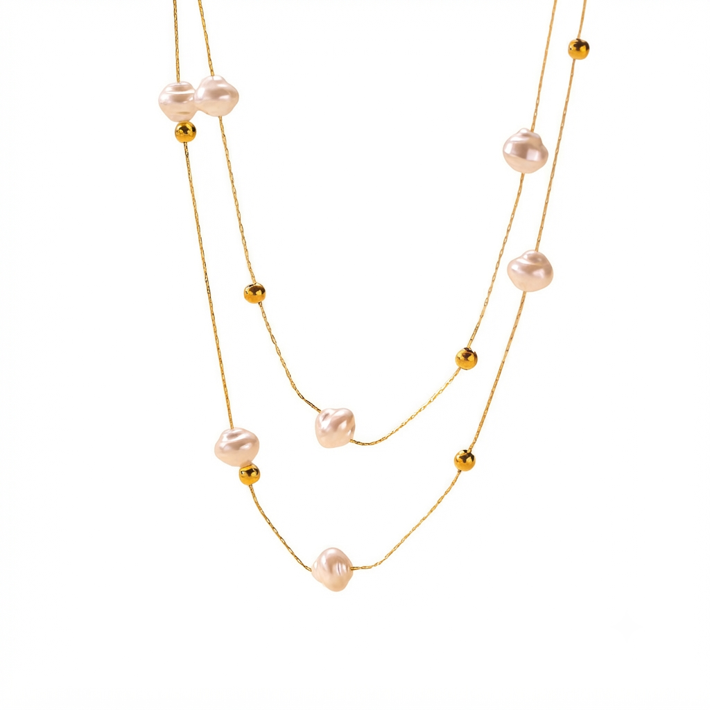 Baño de oro 18k.271 Collar doble con perlas blancas y doradas