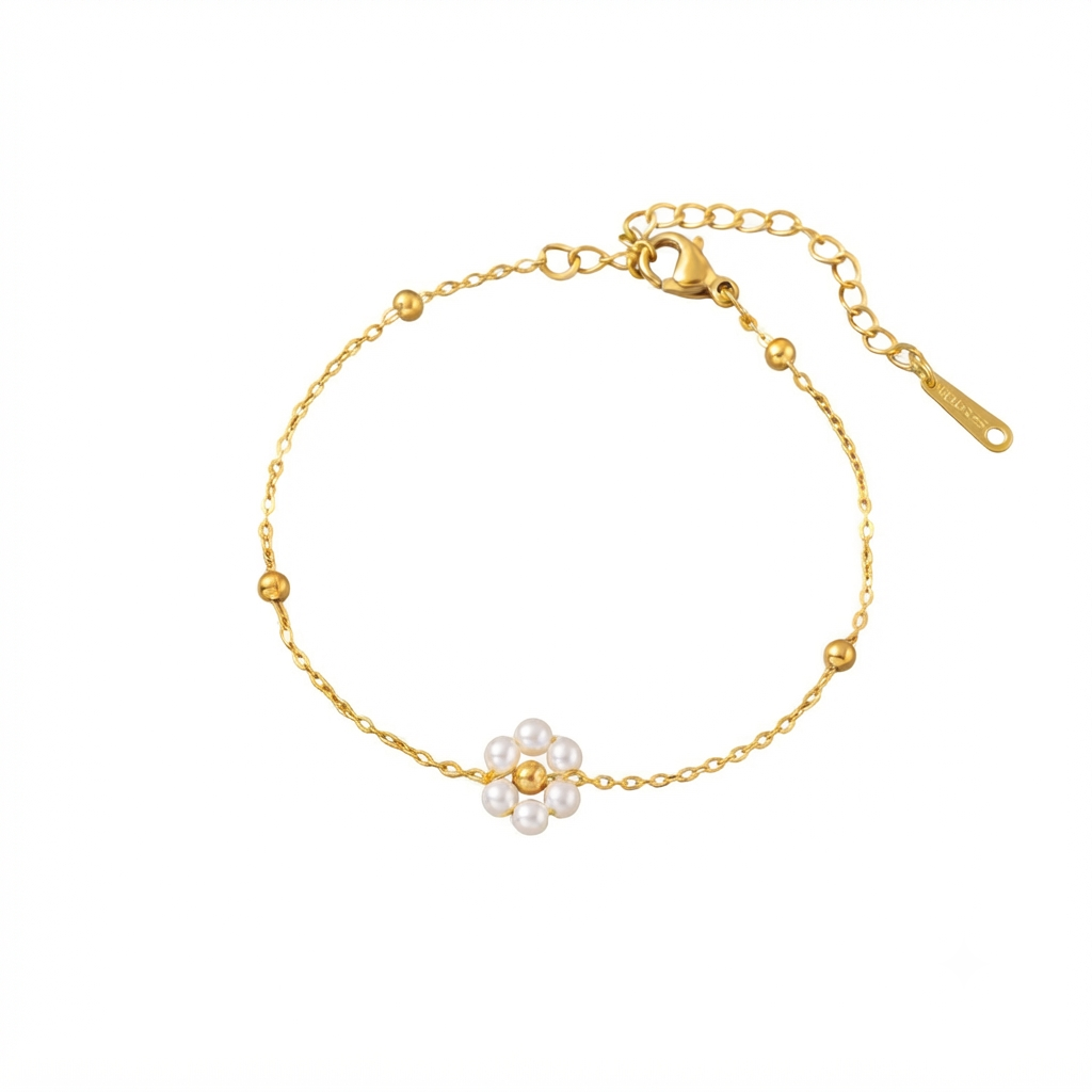Baño de oro 18k.240 Pulsera de florecita con perlitas