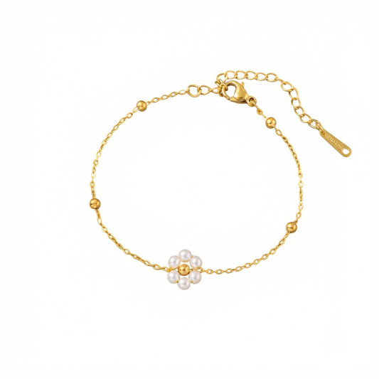 Baño de oro 18k.240 Pulsera de florecita con perlitas