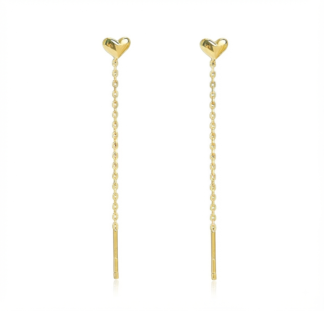 Baño de oro 18K.196 Aretes largos de corazón dorados