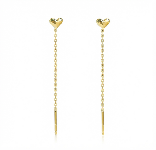 Baño de oro 18K.196 Aretes largos de corazón dorados