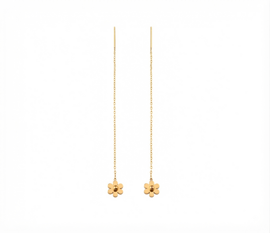Baño de oro 18K.70 Aretes largos de florecitas de baño de oro