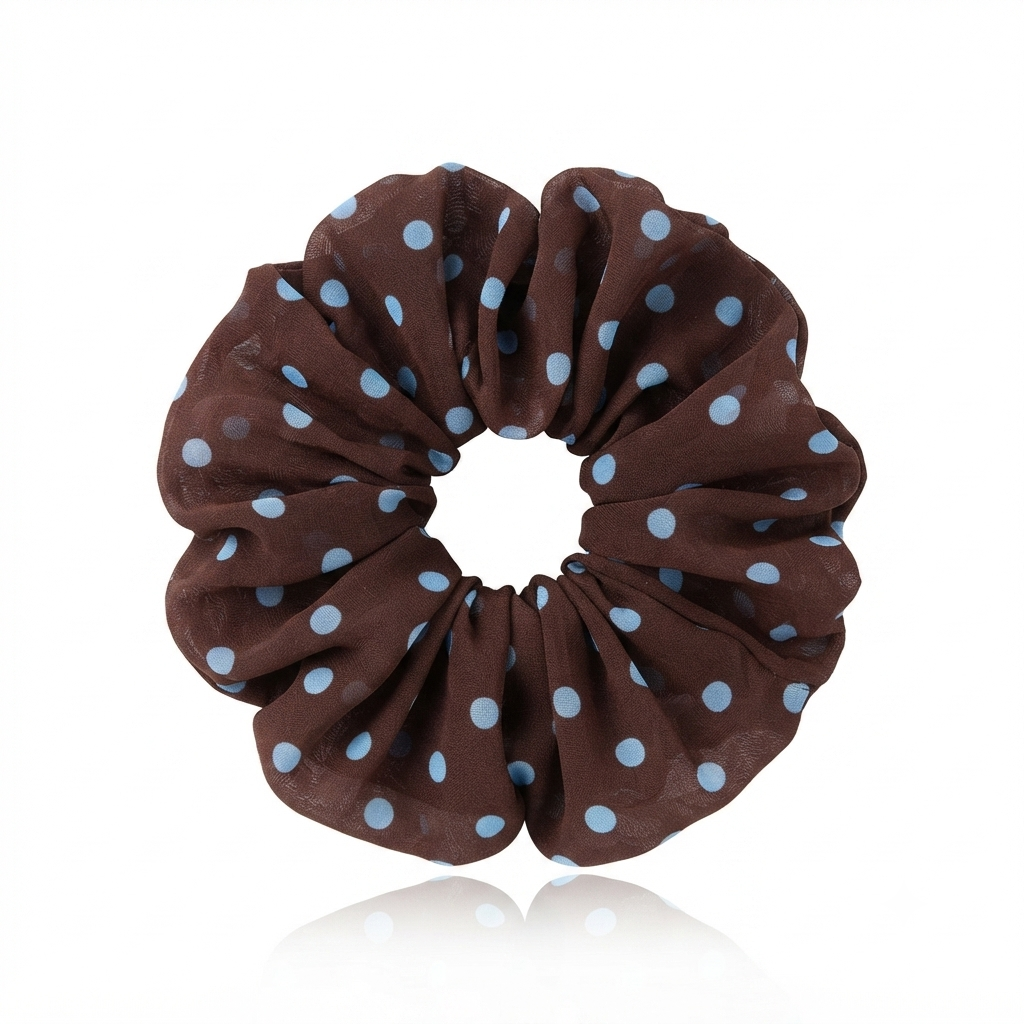 SCRUN.10 Scrunchie café con puntitos celeste