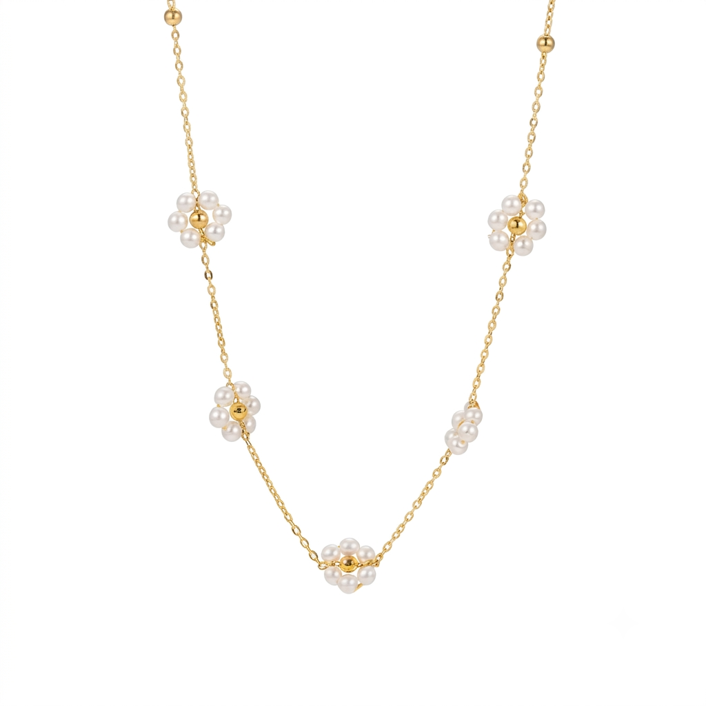Baño de oro 18k.72 Cadena de flores con perlitas blancas
