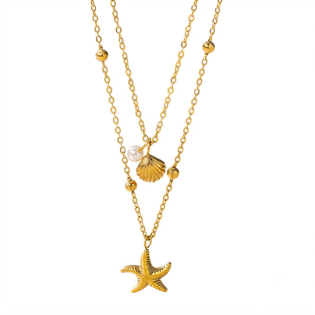 Baño de oro 18k.272 Collar doble de perla, concha y estrella de mar