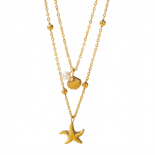 Baño de oro 18k.272 Collar doble de perla, concha y estrella de mar