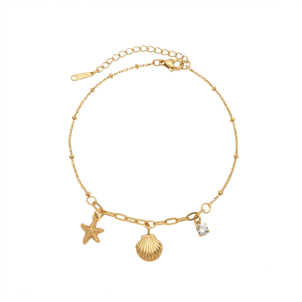 Baño de oro 18k.253 Tobillera de diamante, conchita y estrella de mar