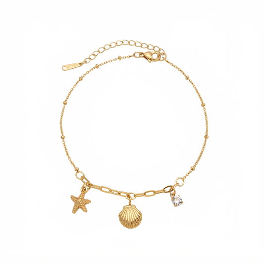 Baño de oro 18k.253 Tobillera de diamante, conchita y estrella de mar