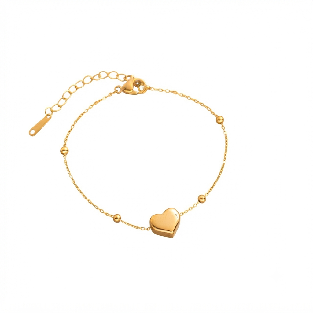 Baño de oro 18k.242 Pulsera corazón con perlitas doradas