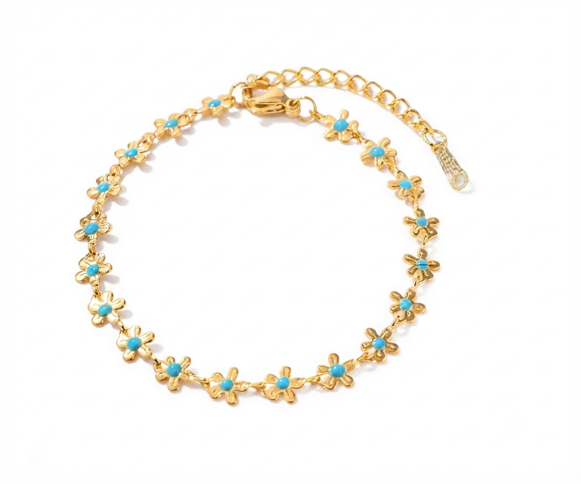 Baño de oro 18k.88 Pulsera de florecitas turquesa