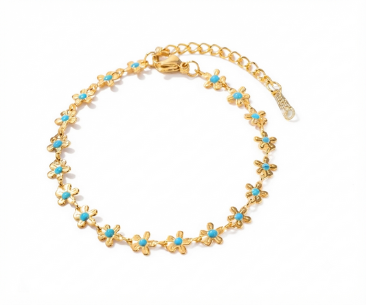 Baño de oro 18k.88 Pulsera de florecitas turquesa