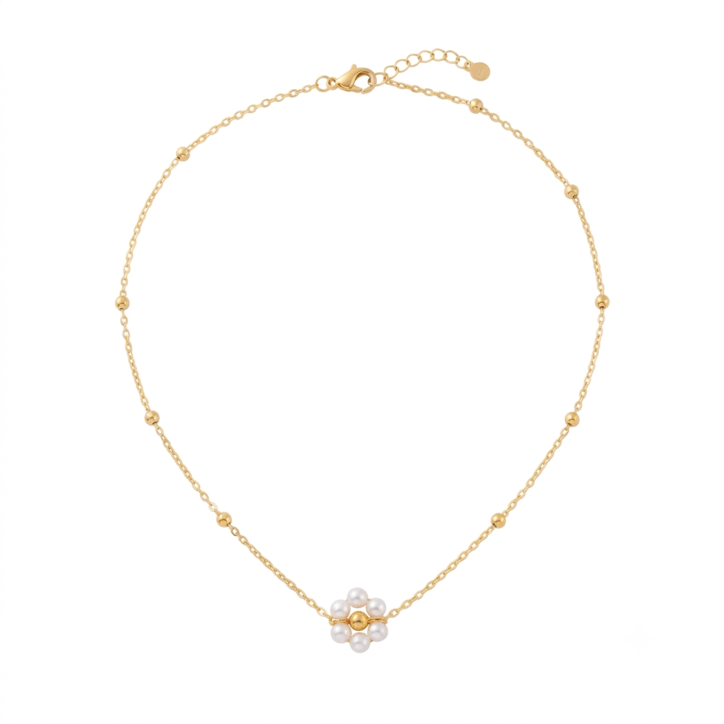 Baño de oro 18k.263 Cadena de florecita con perlitas blancas