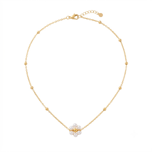 Baño de oro 18k.263 Cadena de florecita con perlitas blancas
