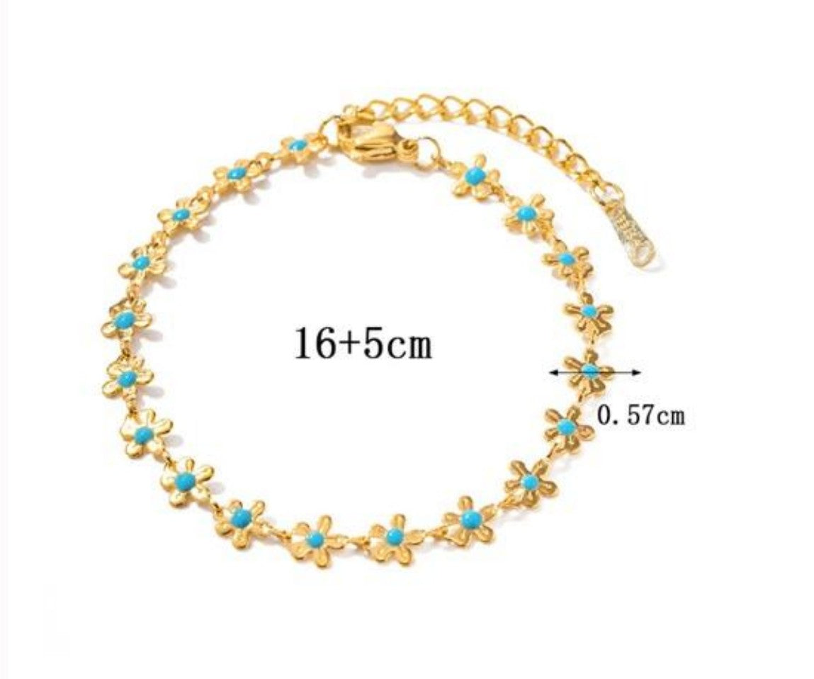 Baño de oro 18k.88 Pulsera de florecitas turquesa