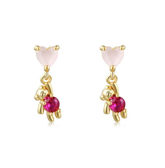 Baño de oro 18k.184 Aretes de corazoncito y osito colgando